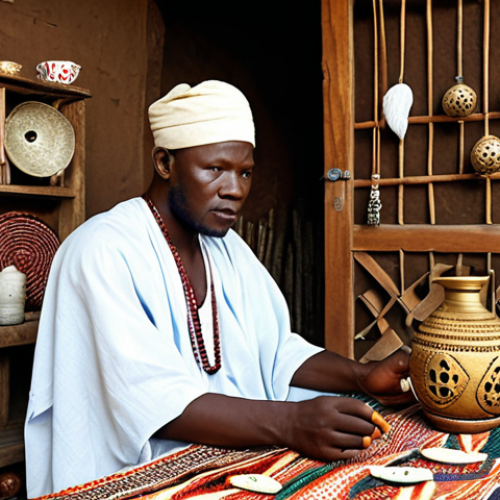 Home 15 **Image Prompt:** A Nigerian entrepreneur consulting with a traditional healer about a business decision, with symbolic objects representing prosperity and good fortune in the background.