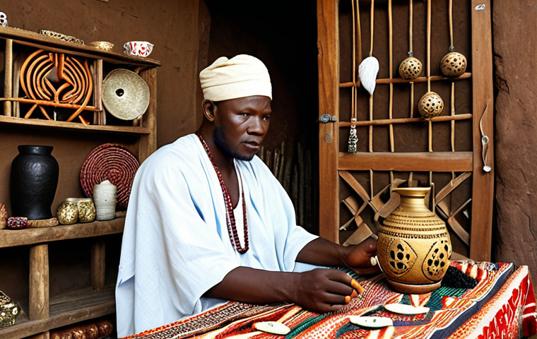 **Image Prompt:** A Nigerian entrepreneur consulting with a traditional healer about a business decision, with symbolic objects representing prosperity and good fortune in the background.
