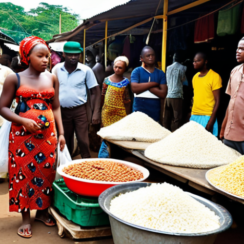 Home 14 **Image Prompt 1: "The Weight of Inflation and Everyday Resilience"**
A realistic and evocative scene of a bustling Nigerian open-air market. The foreground features a market stall with common foodstuffs like bags of rice, beans, and bottles of palm oil, subtly emphasizing their increased prices. A resilient yet weary market vendor, possibly a woman, is interacting with customers, her expression reflecting both the daily struggles of inflation and an underlying determination. Surrounding her, diverse Nigerian people navigate the crowded market, some engaged in small, ingenious ways of coping. The overall atmosphere should capture the blend of hardship and the unwavering spirit of adaptability and community seen in daily life. Authentic local details, natural lighting, conveying both the economic pressure and the enduring strength of the people.