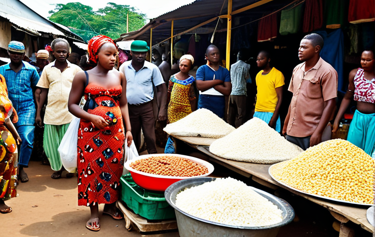**Image Prompt 1: "The Weight of Inflation and Everyday Resilience"**
A realistic and evocative scene of a bustling Nigerian open-air market. The foreground features a market stall with common foodstuffs like bags of rice, beans, and bottles of palm oil, subtly emphasizing their increased prices. A resilient yet weary market vendor, possibly a woman, is interacting with customers, her expression reflecting both the daily struggles of inflation and an underlying determination. Surrounding her, diverse Nigerian people navigate the crowded market, some engaged in small, ingenious ways of coping. The overall atmosphere should capture the blend of hardship and the unwavering spirit of adaptability and community seen in daily life. Authentic local details, natural lighting, conveying both the economic pressure and the enduring strength of the people.