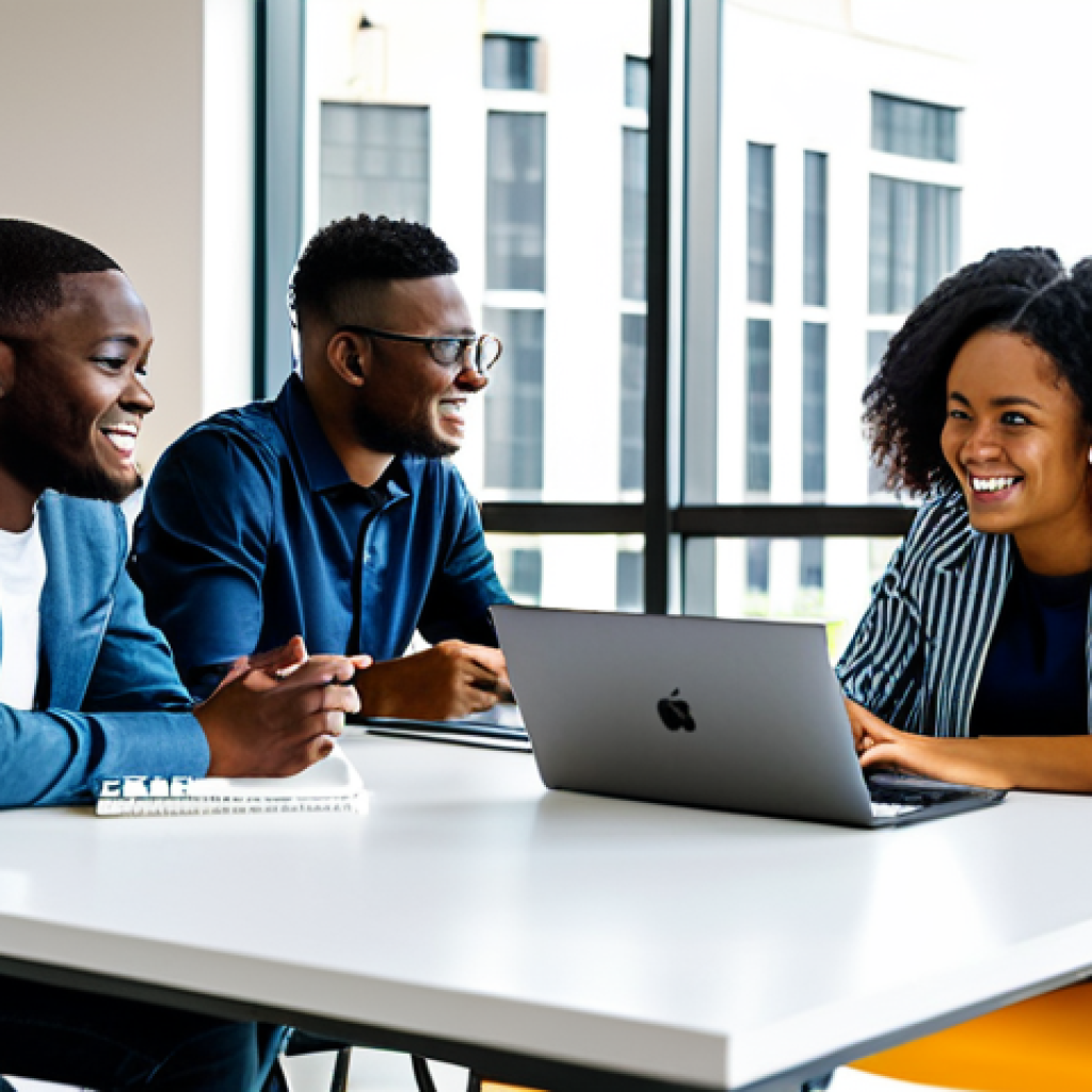 A diverse group of young Nigerian entrepreneurs, fully clothed in modest, contemporary business-casual attire, actively collaborating around a large, modern table in a vibrant co-working space in Lagos. They are using laptops, discussing ideas, and brainstorming on whiteboards, showcasing their entrepreneurial spirit. The setting is bright and spacious, with natural light filtering through large windows that offer a blurred view of the bustling city outside. The atmosphere is energetic and optimistic, highlighting innovation and technological advancement. Professional photography, high resolution, sharp focus, perfect anatomy, correct proportions, natural pose, well-formed hands, proper finger count, natural body proportions. safe for work, appropriate content, fully clothed, professional, modest, family-friendly.