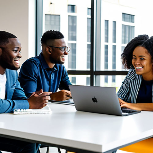 Home 7 A diverse group of young Nigerian entrepreneurs, fully clothed in modest, contemporary business-casual attire, actively collaborating around a large, modern table in a vibrant co-working space in Lagos. They are using laptops, discussing ideas, and brainstorming on whiteboards, showcasing their entrepreneurial spirit. The setting is bright and spacious, with natural light filtering through large windows that offer a blurred view of the bustling city outside. The atmosphere is energetic and optimistic, highlighting innovation and technological advancement. Professional photography, high resolution, sharp focus, perfect anatomy, correct proportions, natural pose, well-formed hands, proper finger count, natural body proportions. safe for work, appropriate content, fully clothed, professional, modest, family-friendly.