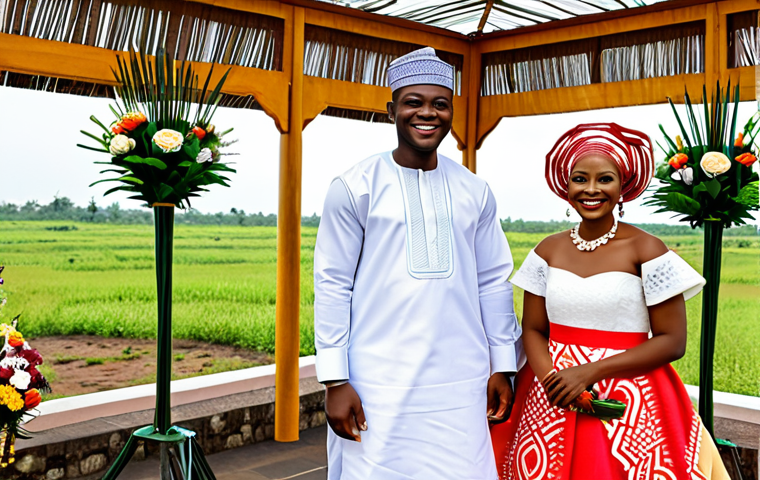 Bride and Groom in Traditional Attire**
"A Nigerian bride and groom, fully clothed in vibrant Aso Oke traditional wedding attire, perfect anatomy, correct proportions, natural pose, appropriate attire, smiling at each other during their wedding ceremony. Background: A beautifully decorated wedding venue with colorful fabrics and floral arrangements. Safe for work, professional, family-friendly, high quality, well-formed hands, proper finger count, natural body proportions."
**
