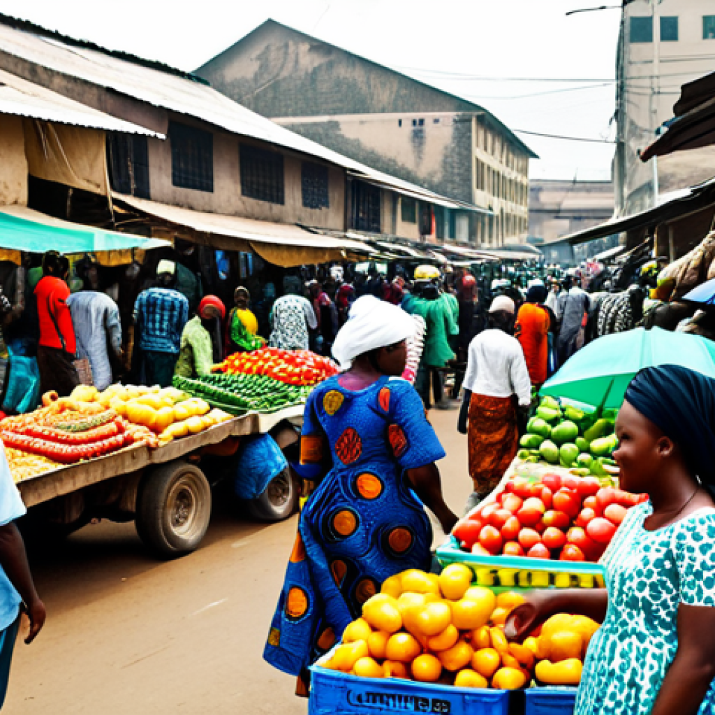 나이지리아에서 교환학생 생활 - Bustling Market Scene**

"A vibrant and busy market scene in Lagos, Nigeria. Focus on the colorful t...