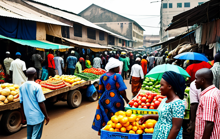나이지리아에서 교환학생 생활 - Bustling Market Scene**
"A vibrant and busy market scene in Lagos, Nigeria. Focus on the colorful t...