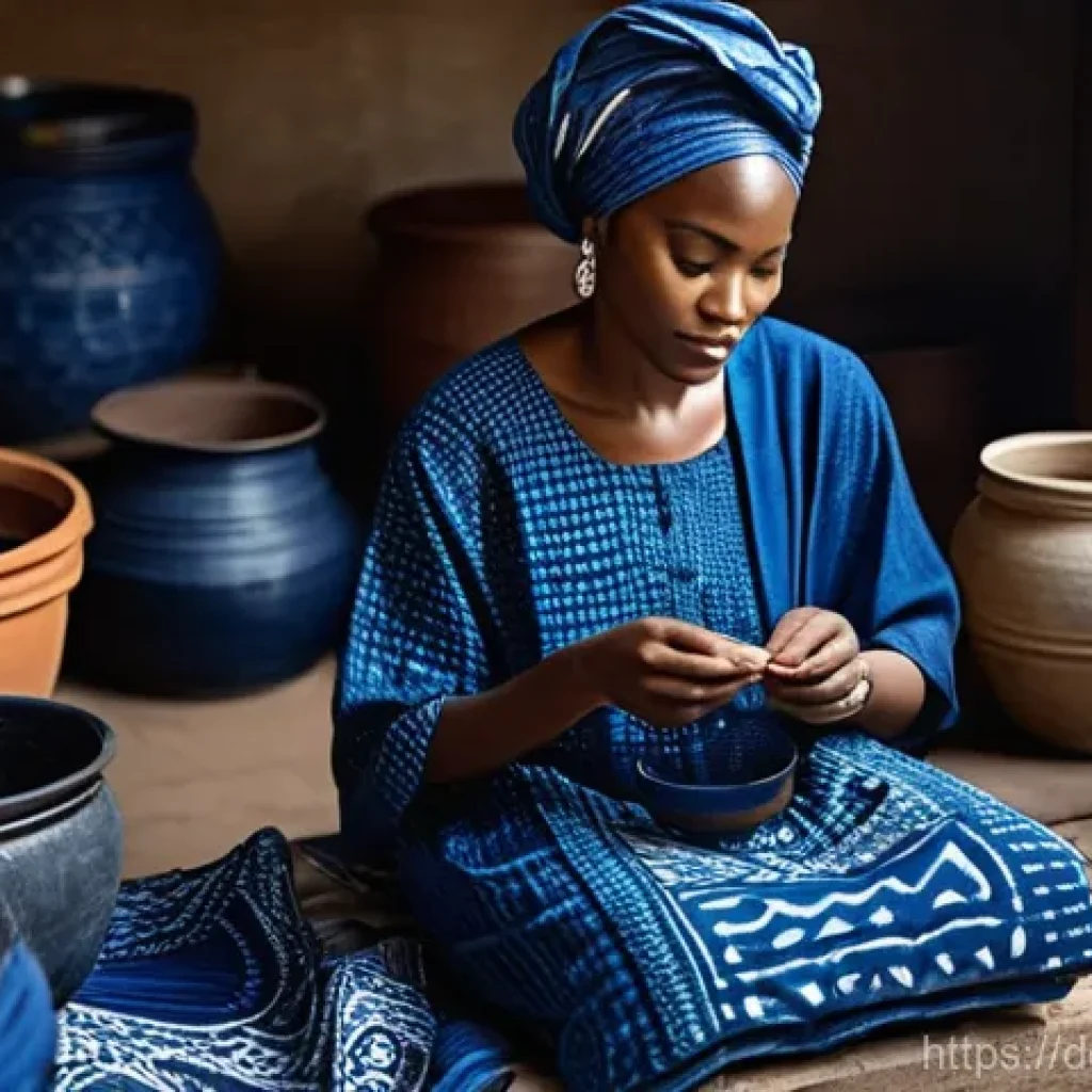 나이지리아에서 구매하기 좋은 기념품 - **Prompt 1: Adire Fabric Creation**
"A candid, vibrant shot of a Nigerian woman in traditional a...
