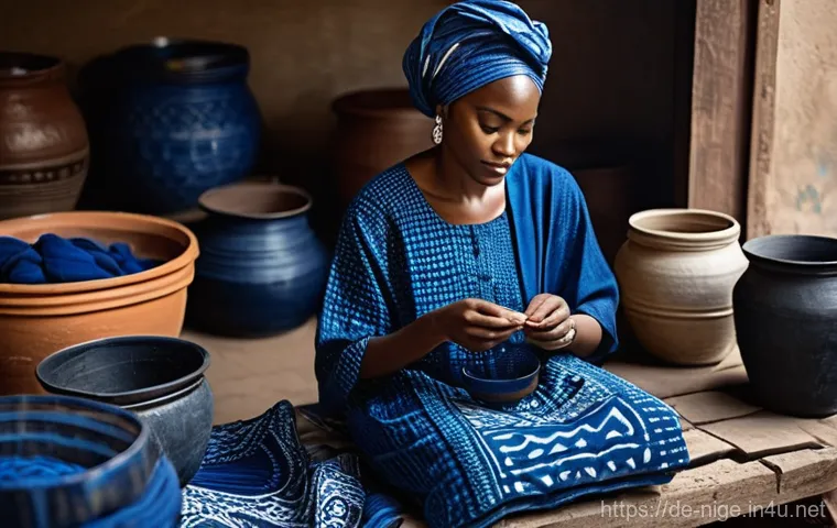 나이지리아에서 구매하기 좋은 기념품 - **Prompt 1: Adire Fabric Creation**
"A candid, vibrant shot of a Nigerian woman in traditional a...