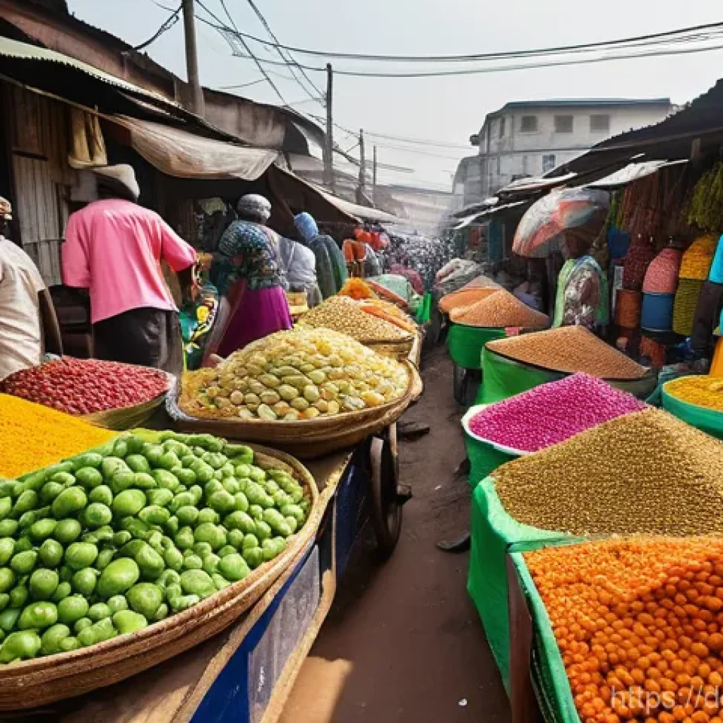 라고스 유명 관광지 - **A vibrant and bustling market scene in Lagos, Nigeria.** The image should capture a "sea of colors...