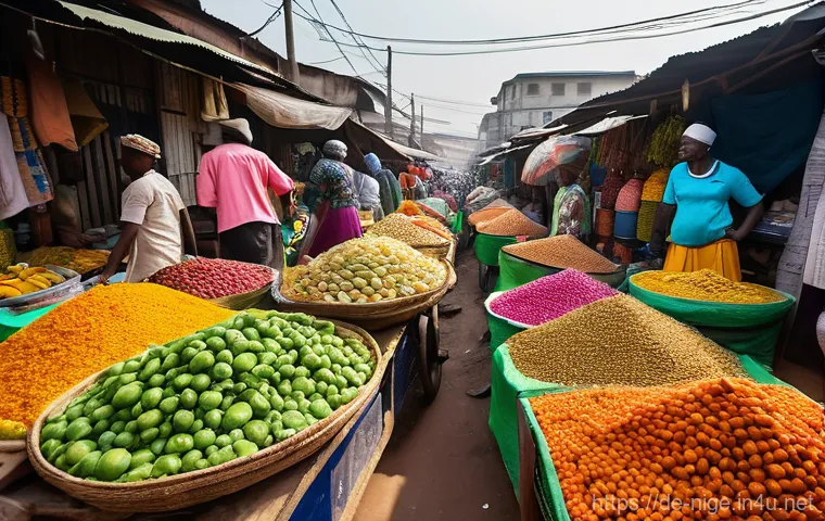 라고스 유명 관광지 - **A vibrant and bustling market scene in Lagos, Nigeria.** The image should capture a "sea of colors...