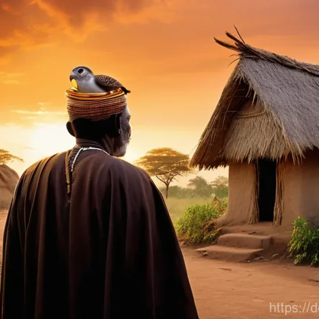 나이지리아의 미신과 속설 - **Prompt:** A traditional Nigerian village scene at dusk. In the foreground, a respectfully dressed ...