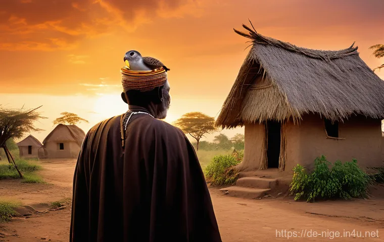 나이지리아의 미신과 속설 - **Prompt:** A traditional Nigerian village scene at dusk. In the foreground, a respectfully dressed ...