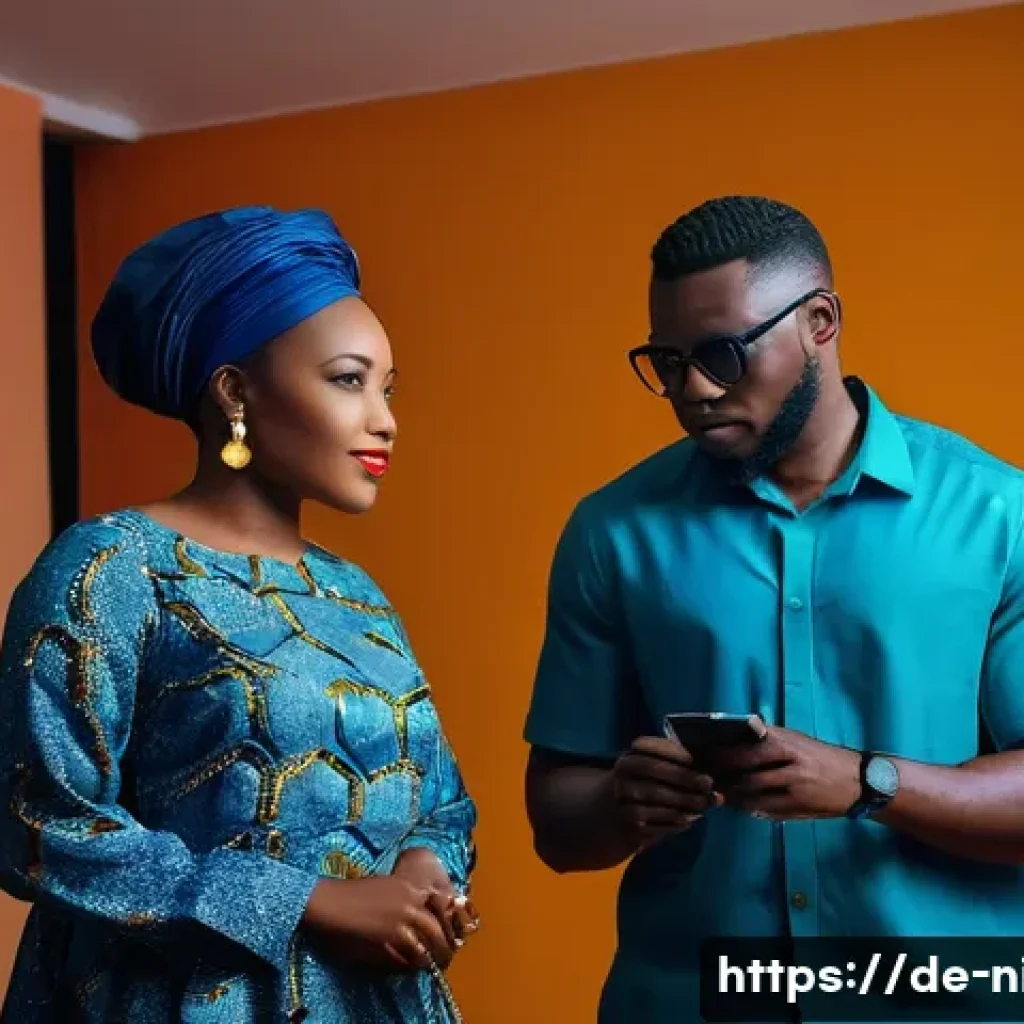 나이지리아의 영화 산업 - A vibrant and bustling Nollywood film set in a modern, well-lit studio in Lagos, Nigeria. The scene ...