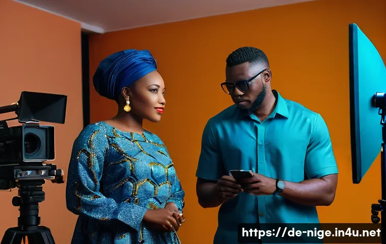 나이지리아의 영화 산업 - A vibrant and bustling Nollywood film set in a modern, well-lit studio in Lagos, Nigeria. The scene ...