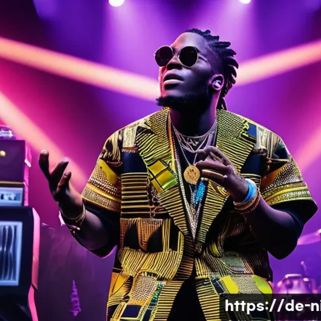 버넷 보이 음악 활동 - A vibrant concert scene featuring Burnaboy performing live on a large stage in front of an enthusias...