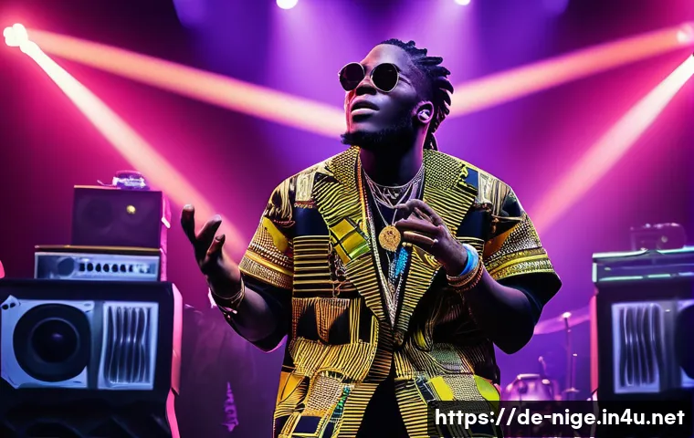 버넷 보이 음악 활동 - A vibrant concert scene featuring Burnaboy performing live on a large stage in front of an enthusias...