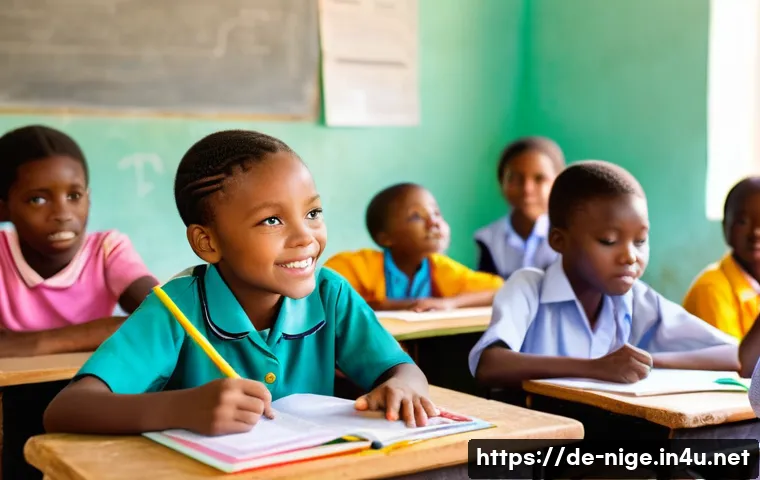 나이지리아에서 봉사활동 하기 - A vibrant rural Nigerian classroom scene showing a diverse group of children wearing colorful clothe...