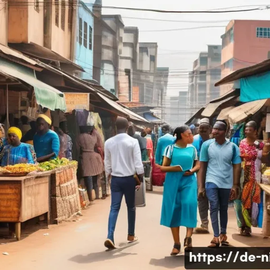 나이지리아에서 인터넷 사용하기 - A vibrant urban street scene in Lagos, Nigeria, showing diverse people using smartphones and tablets...