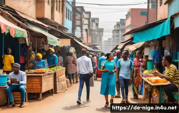 나이지리아에서 인터넷 사용하기 - A vibrant urban street scene in Lagos, Nigeria, showing diverse people using smartphones and tablets...