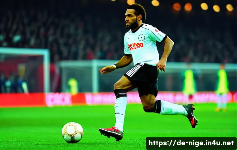 제이제 오코차 전설적인 선수 - A dynamic, detailed scene of Jay-Jay Okocha skillfully dribbling past multiple defenders in a packed...