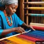 나이지리아 부족별 전통 의상 - A vibrant portrait of a Nigerian Yoruba artisan weaving Aso Oke fabric on a traditional loom, surrou...