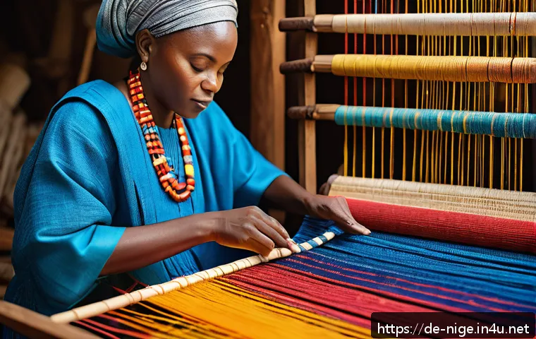 나이지리아 부족별 전통 의상 - A vibrant portrait of a Nigerian Yoruba artisan weaving Aso Oke fabric on a traditional loom, surrou...