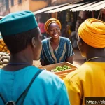 피진 영어의 특징 - A vibrant urban street market scene in West Africa during daytime, featuring diverse people from dif...