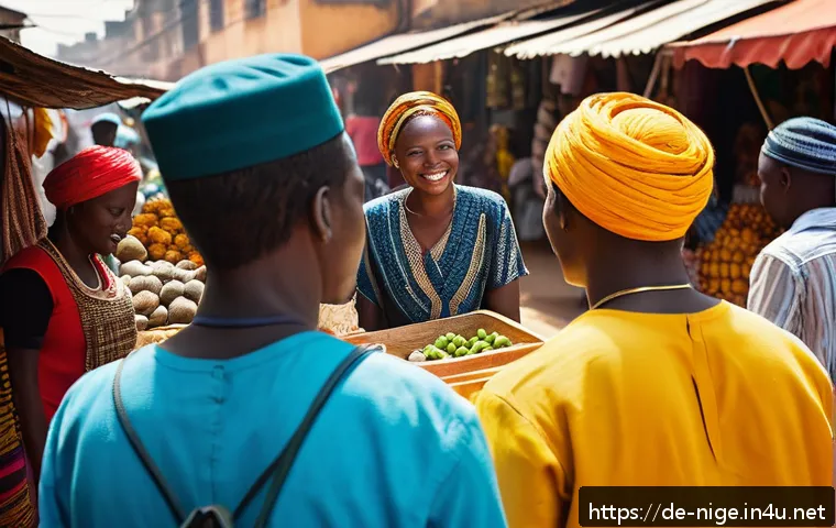 피진 영어의 특징 - A vibrant urban street market scene in West Africa during daytime, featuring diverse people from dif...