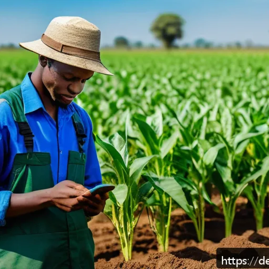 나이지리아 농업 성장 가능성 - A vibrant Nigerian small-scale farm scene featuring a young farmer using a smartphone app to monitor...
