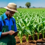나이지리아 농업 성장 가능성 - A vibrant Nigerian small-scale farm scene featuring a young farmer using a smartphone app to monitor...