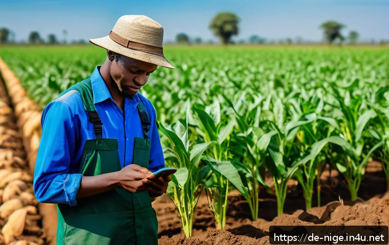 나이지리아 농업 성장 가능성 - A vibrant Nigerian small-scale farm scene featuring a young farmer using a smartphone app to monitor...