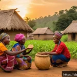 나이지리아의 전통 명절 - A vibrant Yam Festival scene in a rural Nigerian village during late summer, featuring diverse commu...