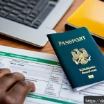 나이지리아 비자 발급 절차 - A professional office scene showing a German business traveler preparing Nigerian visa documents on ...