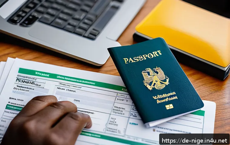 나이지리아 비자 발급 절차 - A professional office scene showing a German business traveler preparing Nigerian visa documents on ...