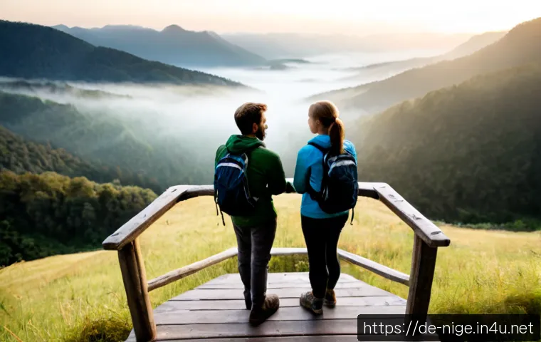 야랑고 국립공원 여행기 - Photorealistic travel scene in Yarango National Park, a German couple in practical hiking clothes st...
