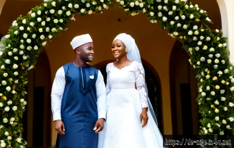 나이지리아 현대 결혼식 문화 - Photorealistic modern Nigerian wedding ceremony in an elegant Lagos venue, joyful Black Nigerian bri...